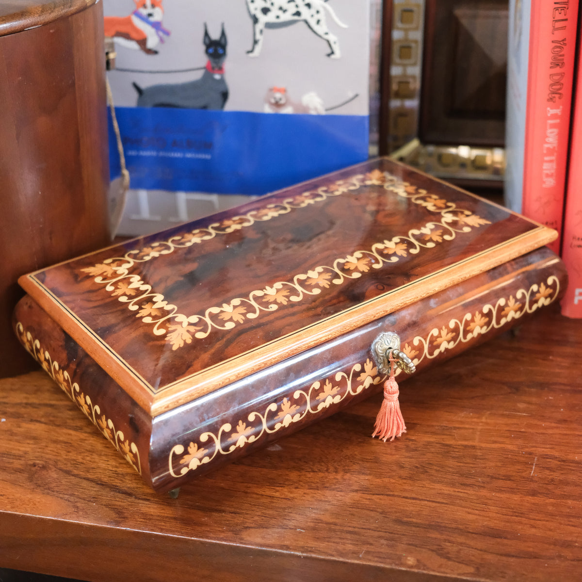 Italian Sorrento Red Velvet Lined Music Jewelry Box Made in Italy
