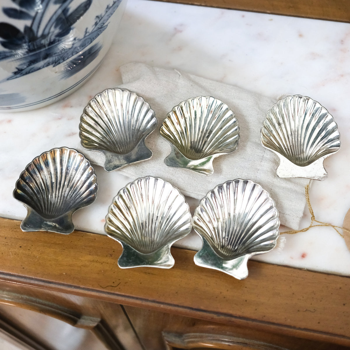 Set of 6 Scalloped Shell Mini Butter or Salt Dishes Silver Plated