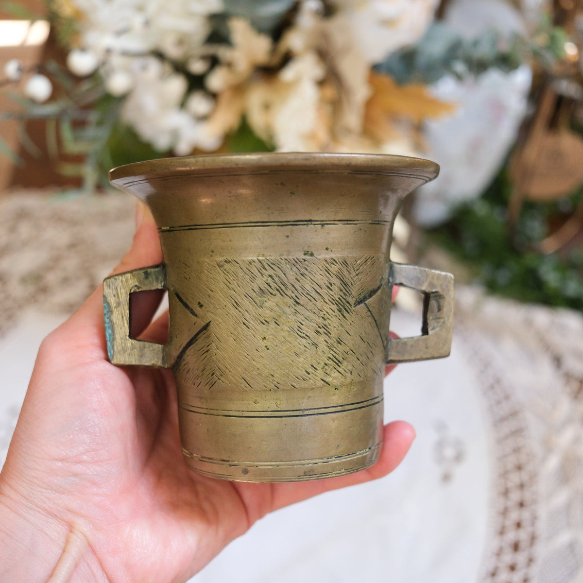 Heavy Brass Etched Mortar with Handles