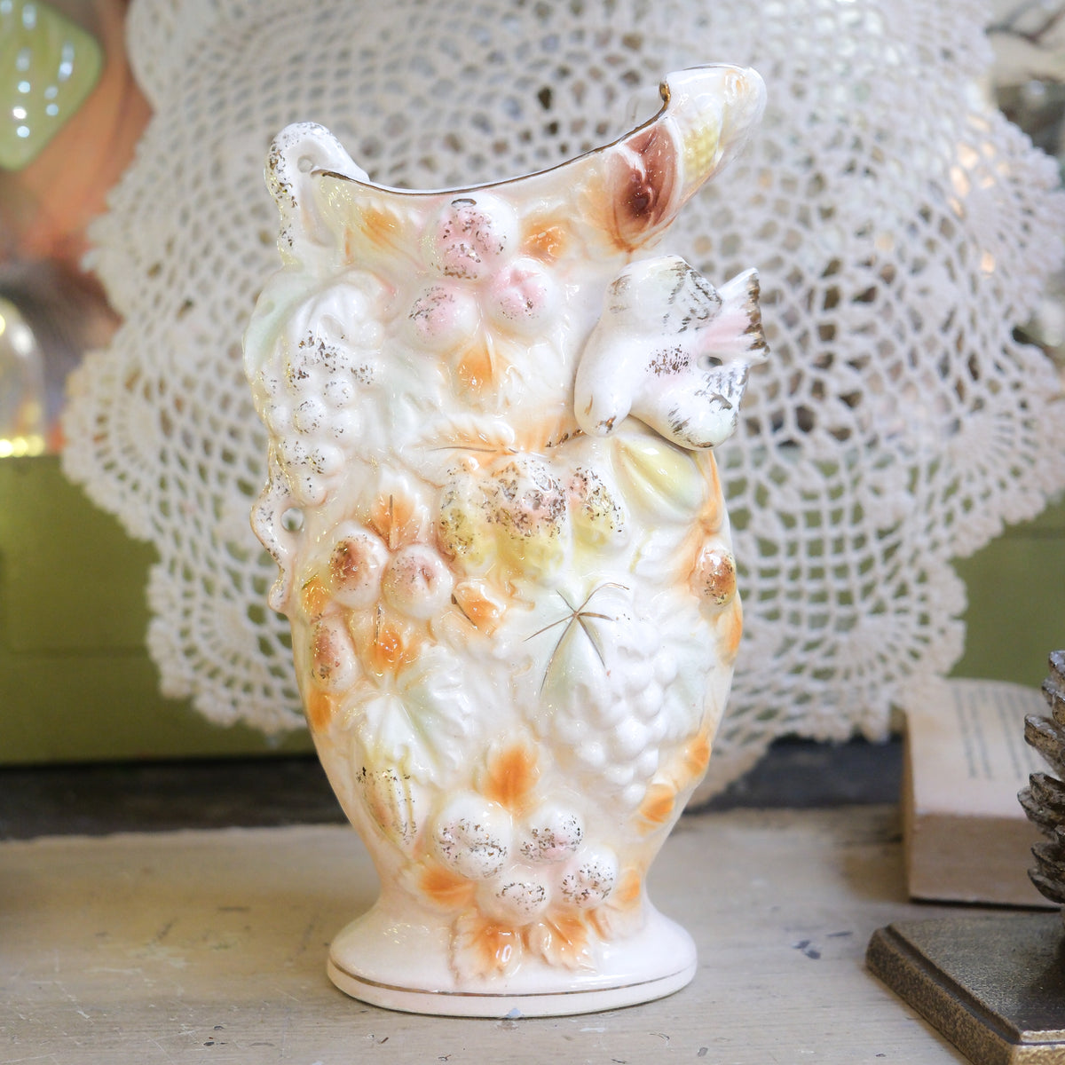 Vintage Bird Citrus Gold Edged White Ceramic Betson Vase