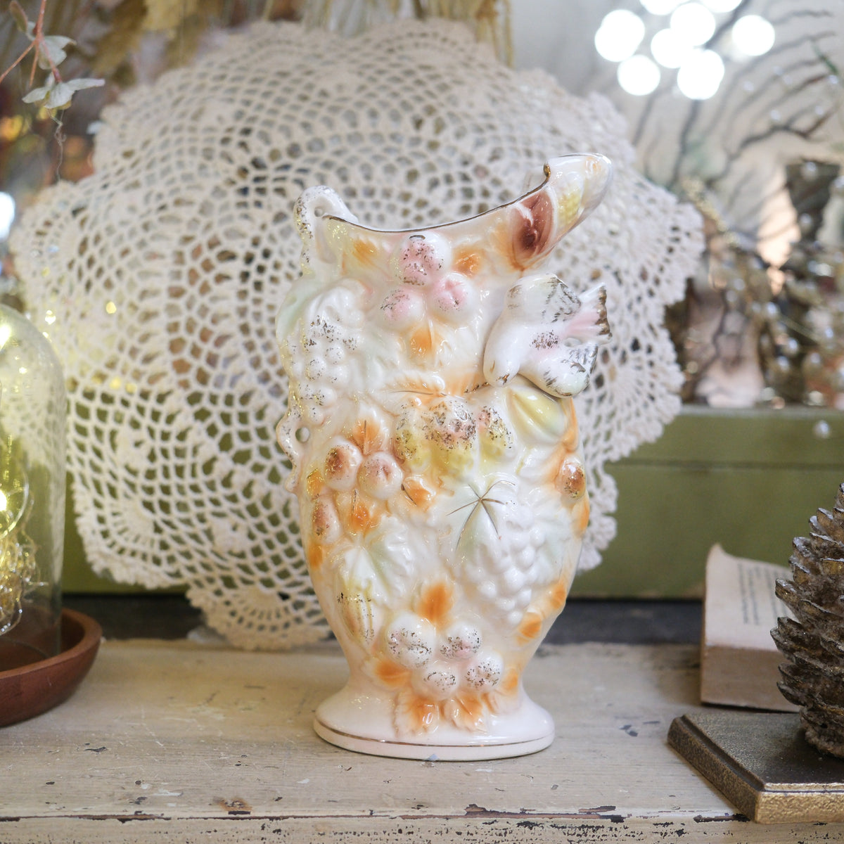 Vintage Bird Citrus Gold Edged White Ceramic Betson Vase