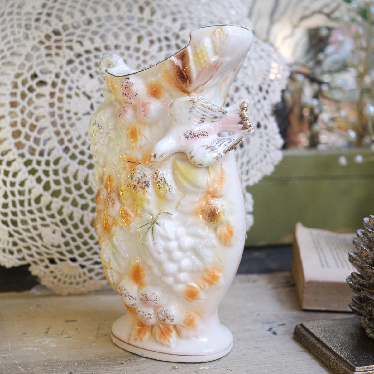 Vintage Bird Citrus Gold Edged White Ceramic Betson Vase