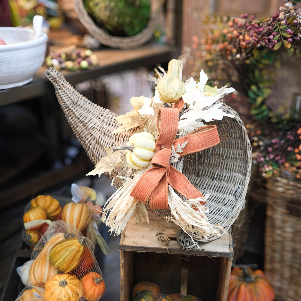 Decorated Autumn Wicker Cornucopia