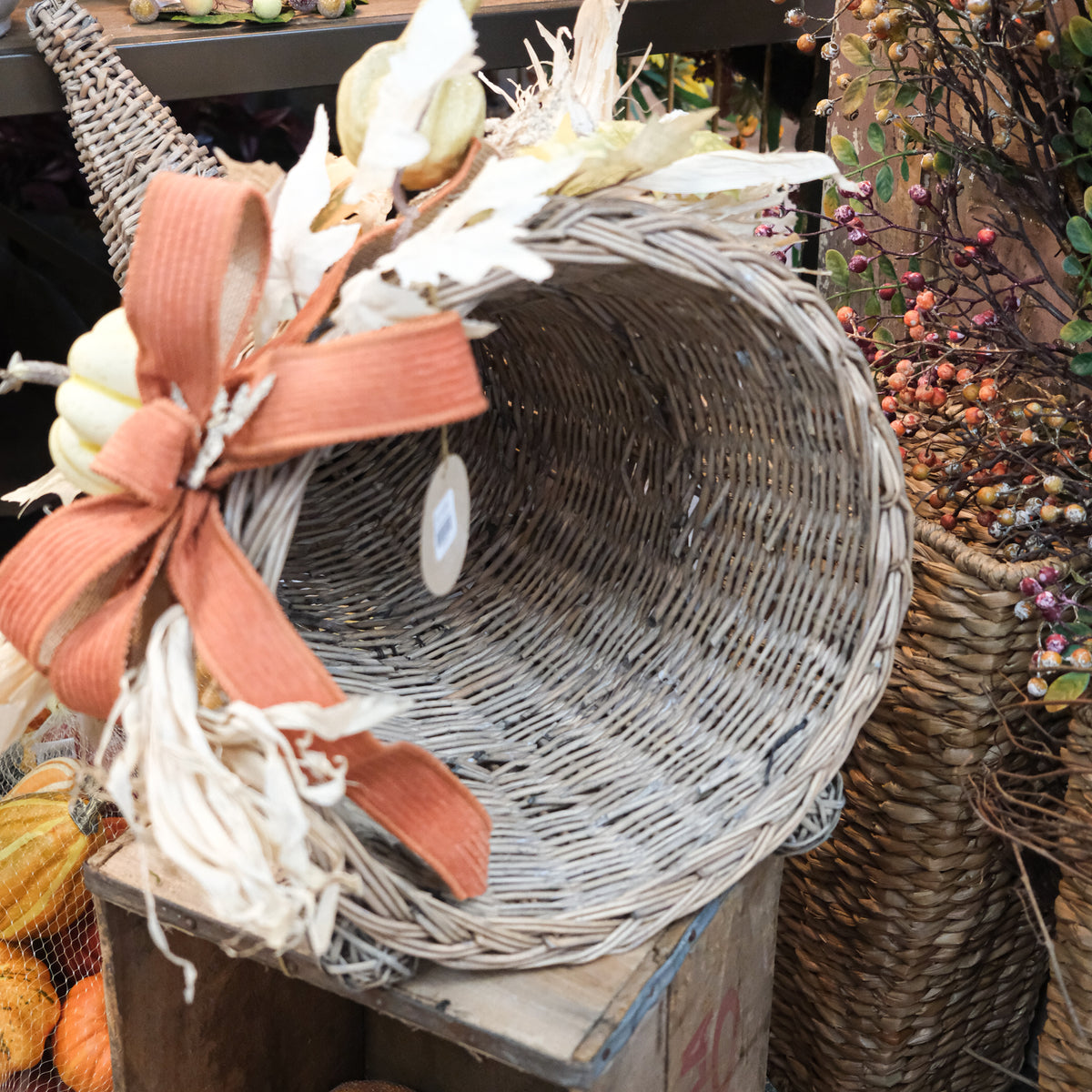 Decorated Autumn Wicker Cornucopia