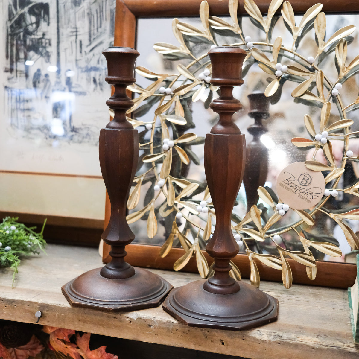 Tall Dark Brown Wooden Candlestick Holders Set of 2