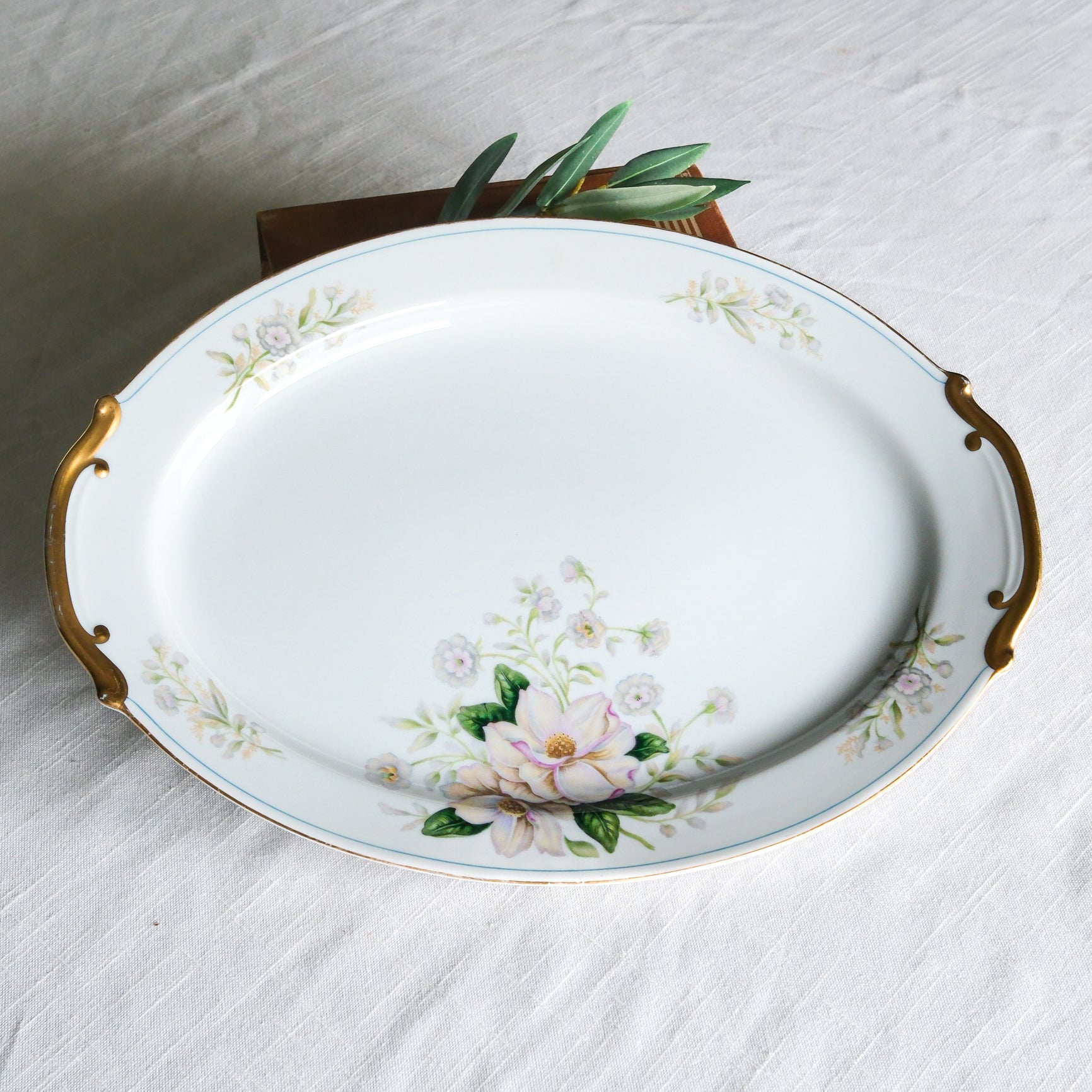 Grace China Rochelle Large Oval Serving Platter Pink Magnolia Floral Design with Gold Trimmed Handles