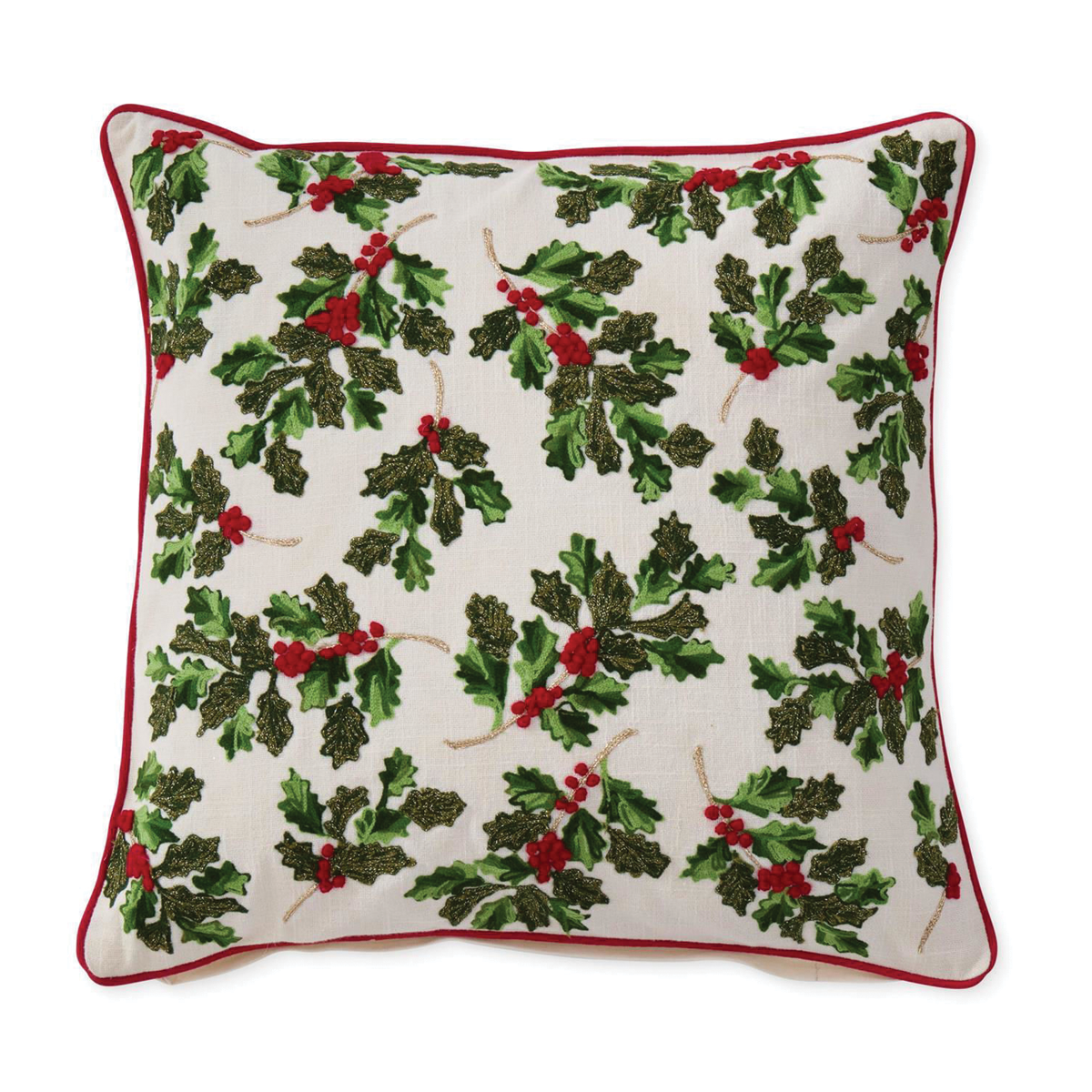 Cream Cotton Pillow with Holly Leaves and Berries