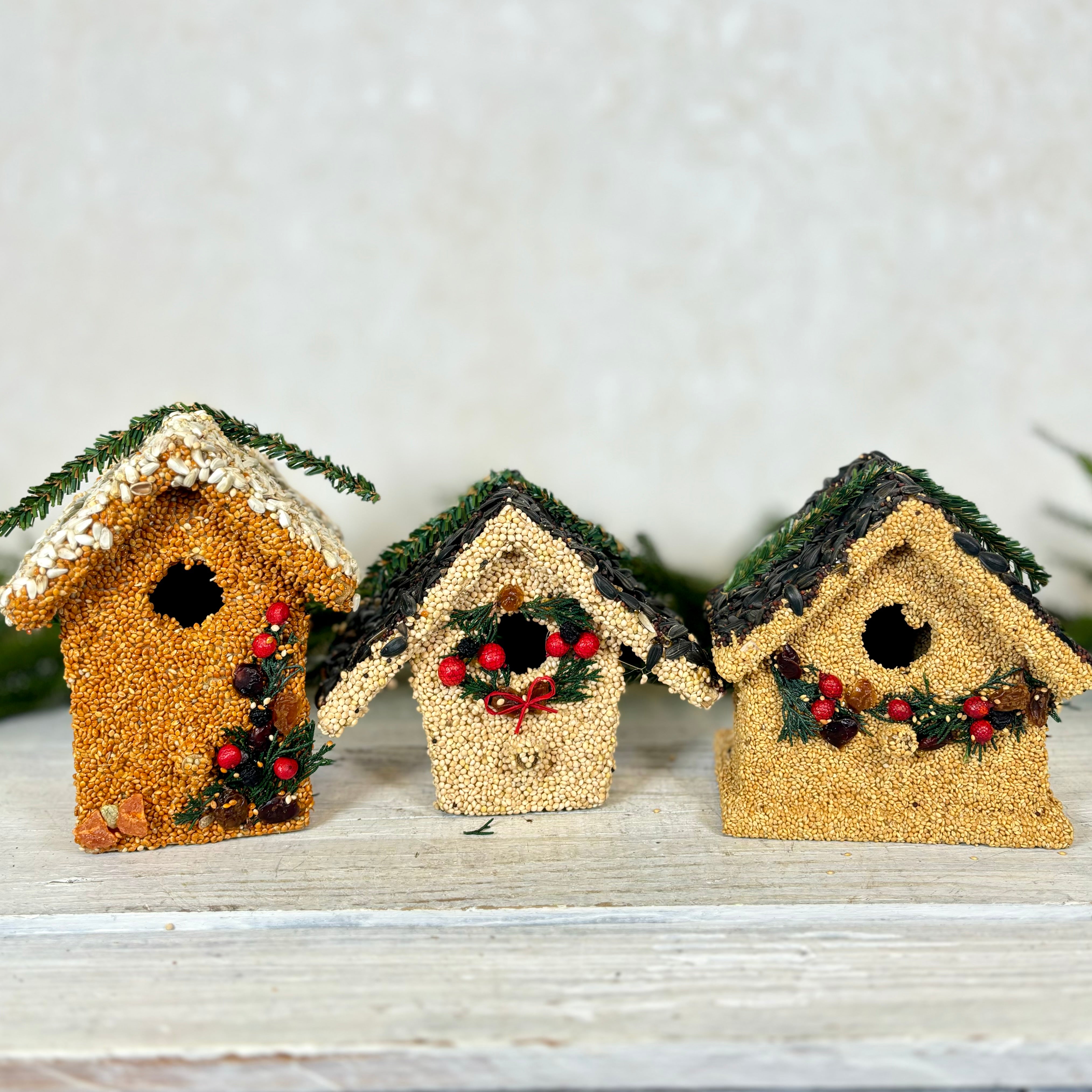 Holiday Season Cottage Seeded Birdhouse Juniper Wreath