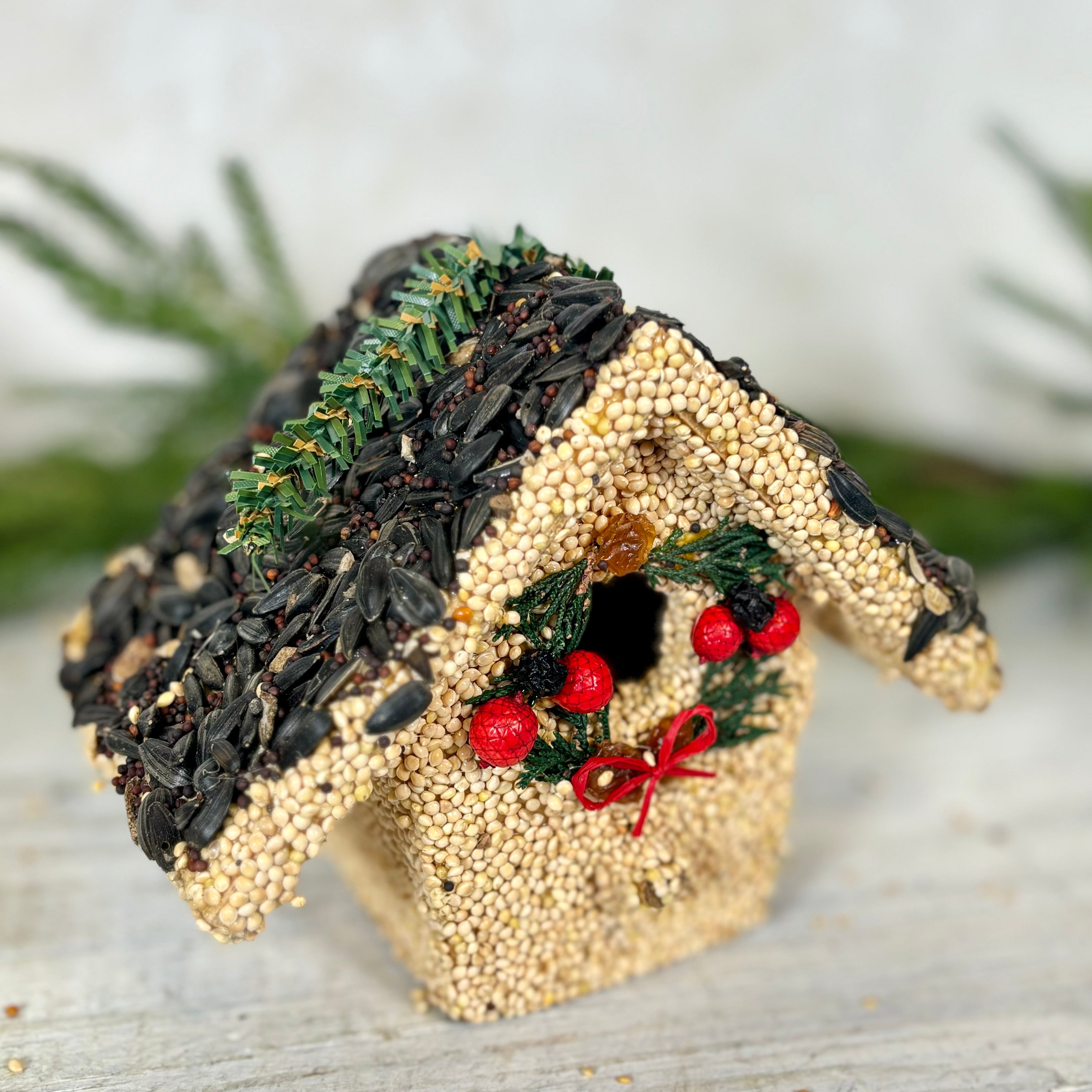 Holiday Season Cottage Seeded Birdhouse Juniper Wreath