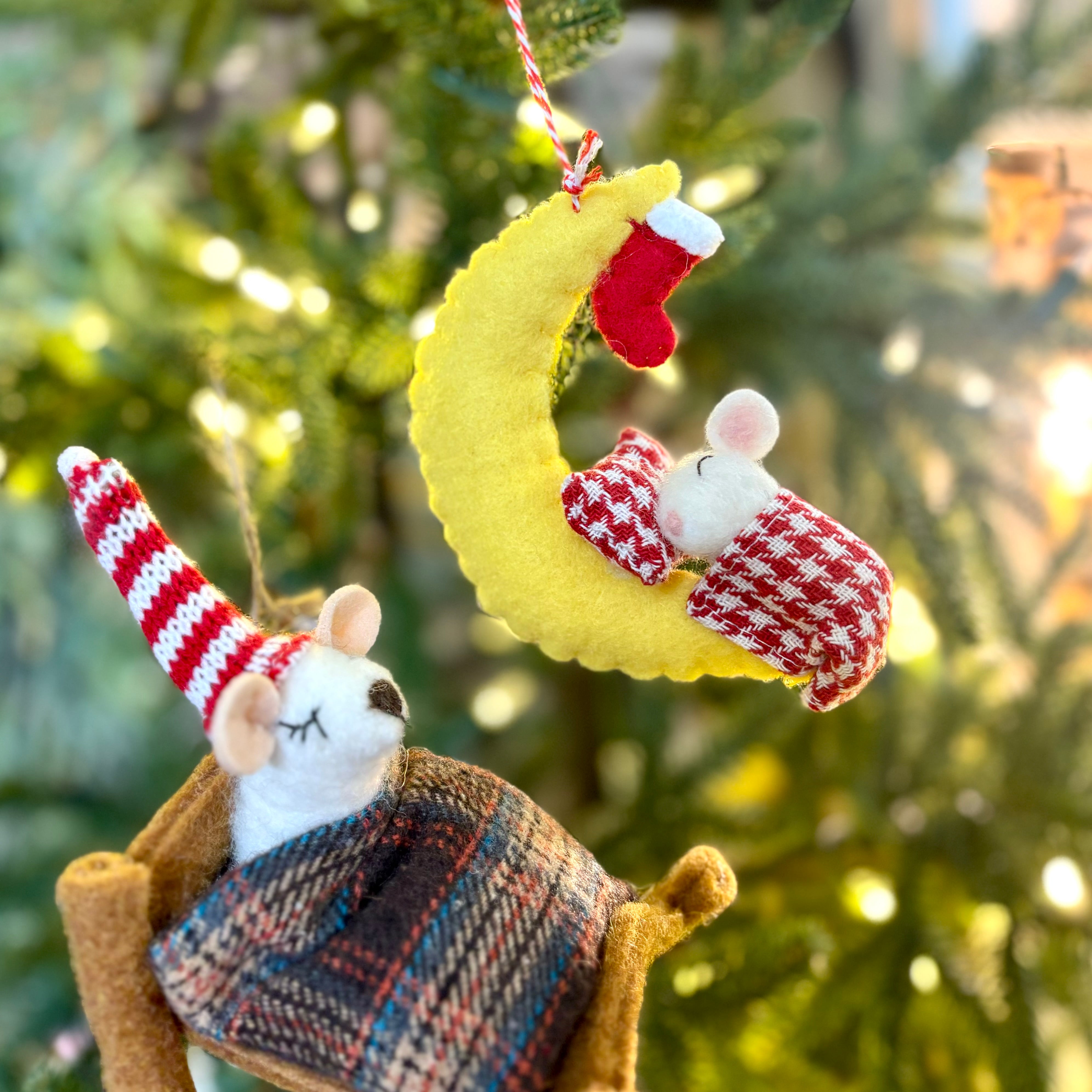 Felt Mouse Under Crescent Moon Ornament