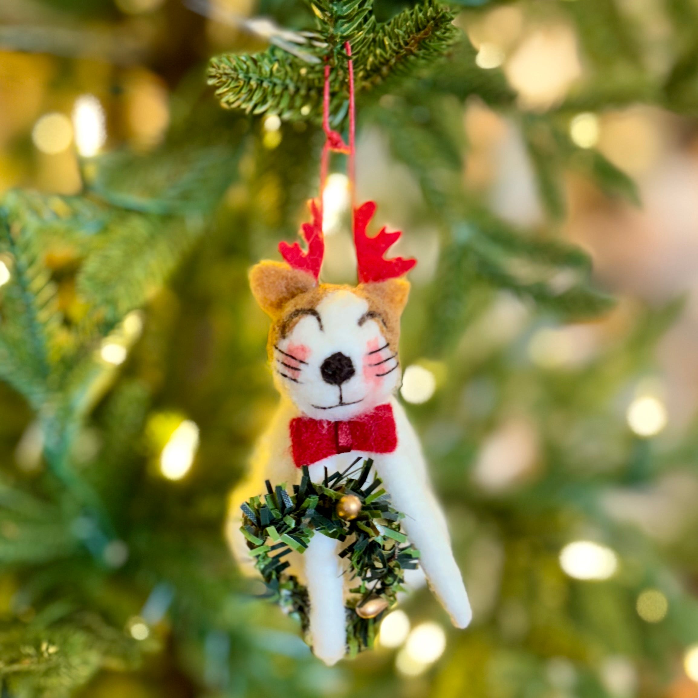 Felt White Cat with Red Antlers, Bowtie and Green Wreath