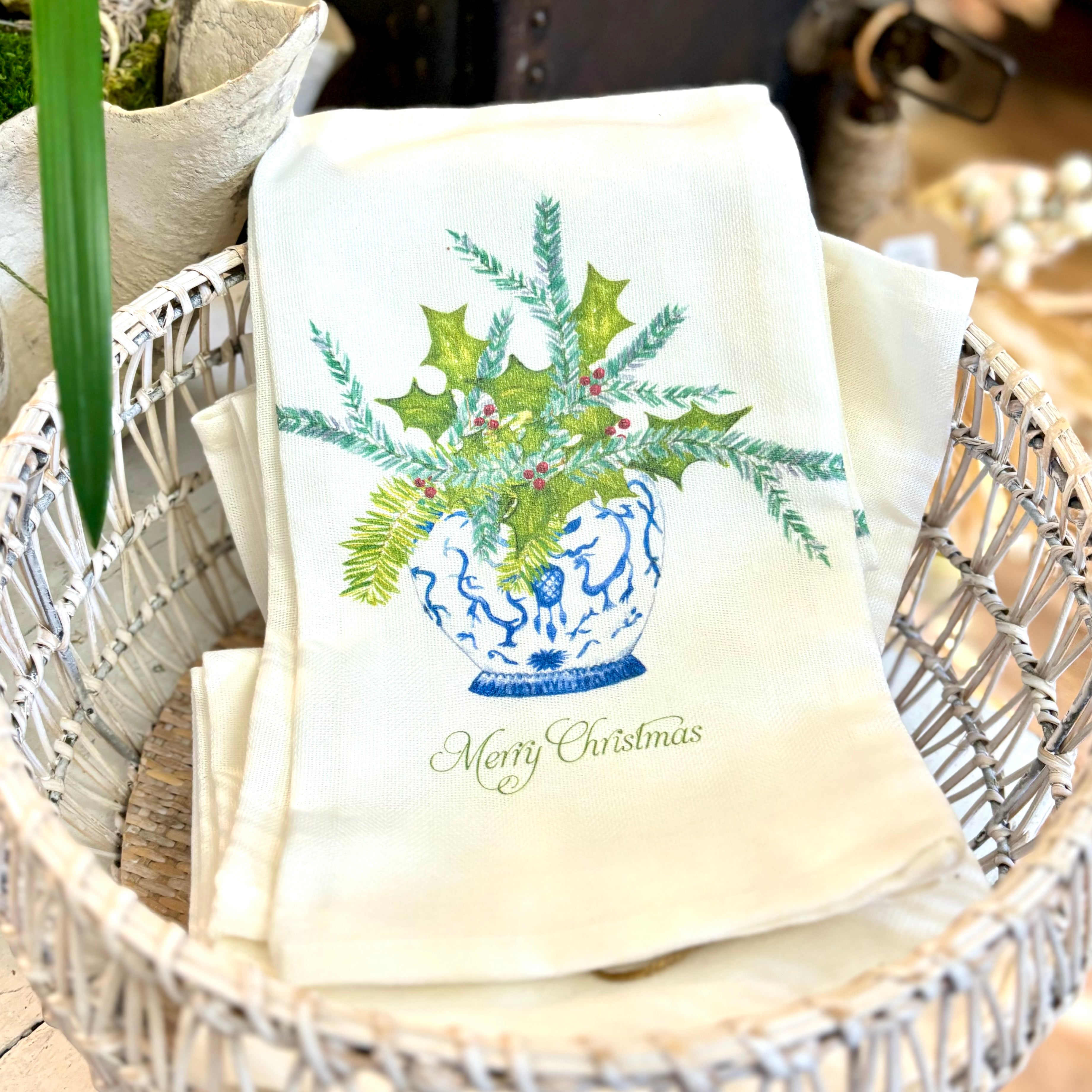 Ginger Jar with Greens and Merry Christmas Tea Towel