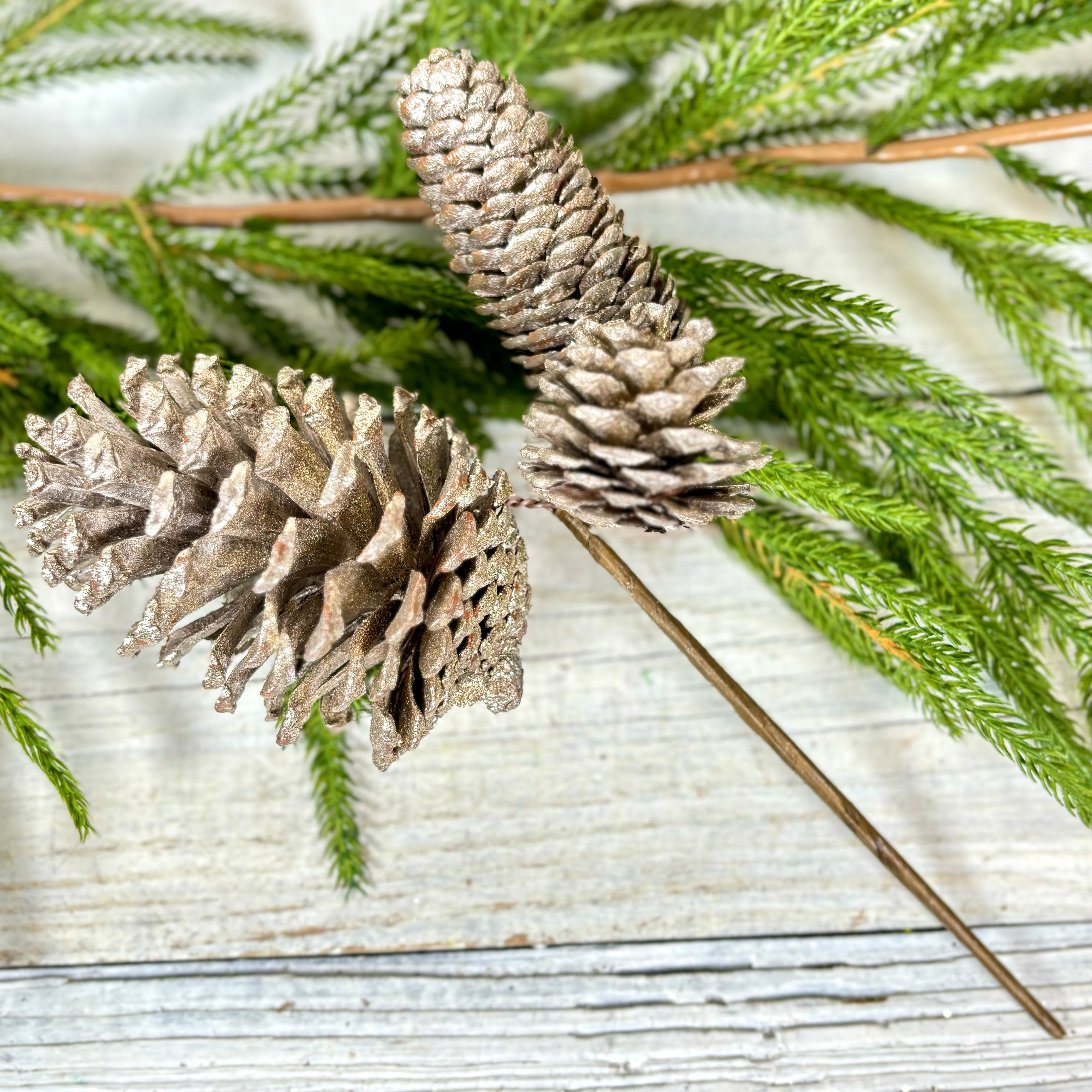 Glitter Natural Mixed Pinecone Pick with Three Cones Gold