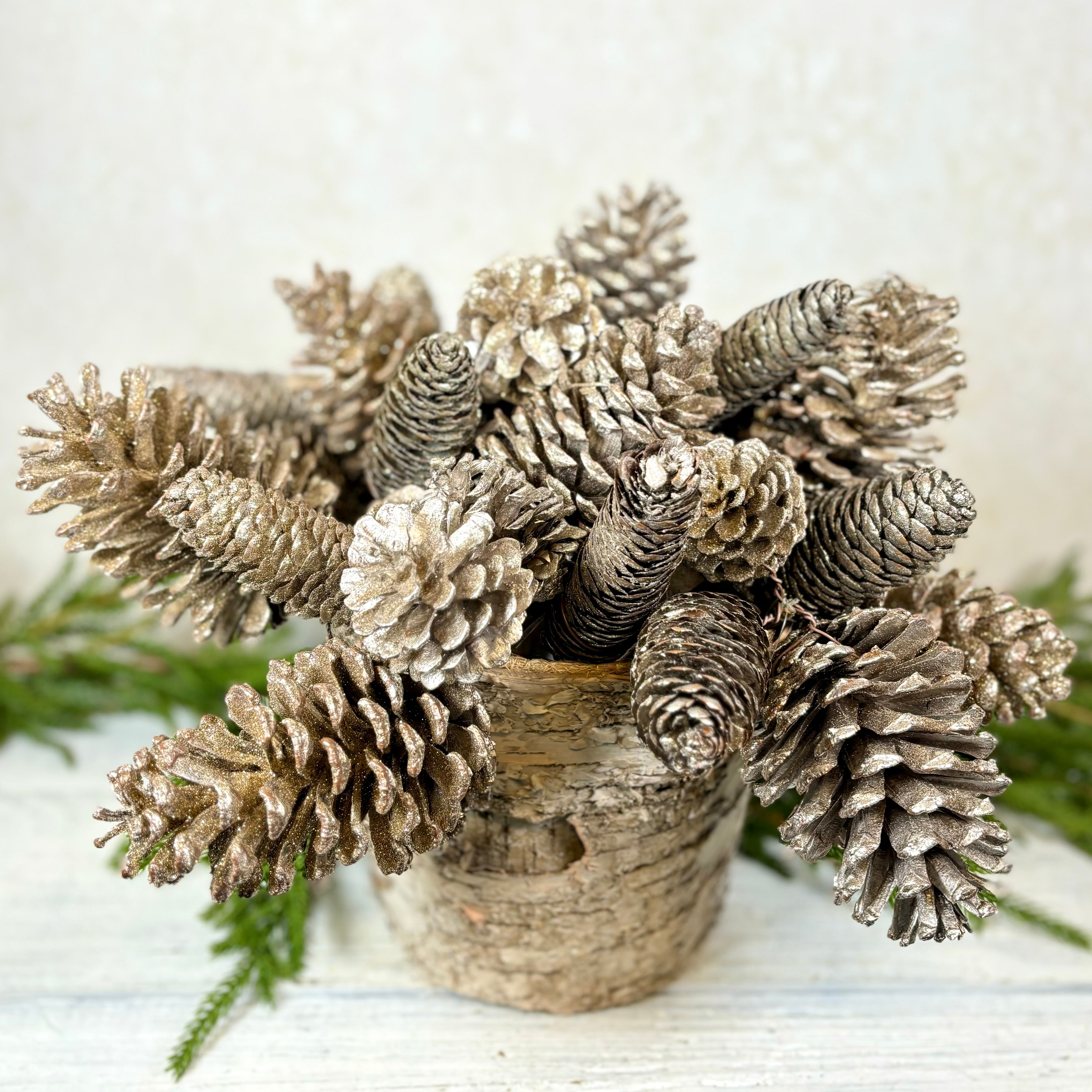 Glitter Natural Mixed Pinecone Pick with Three Cones Gold