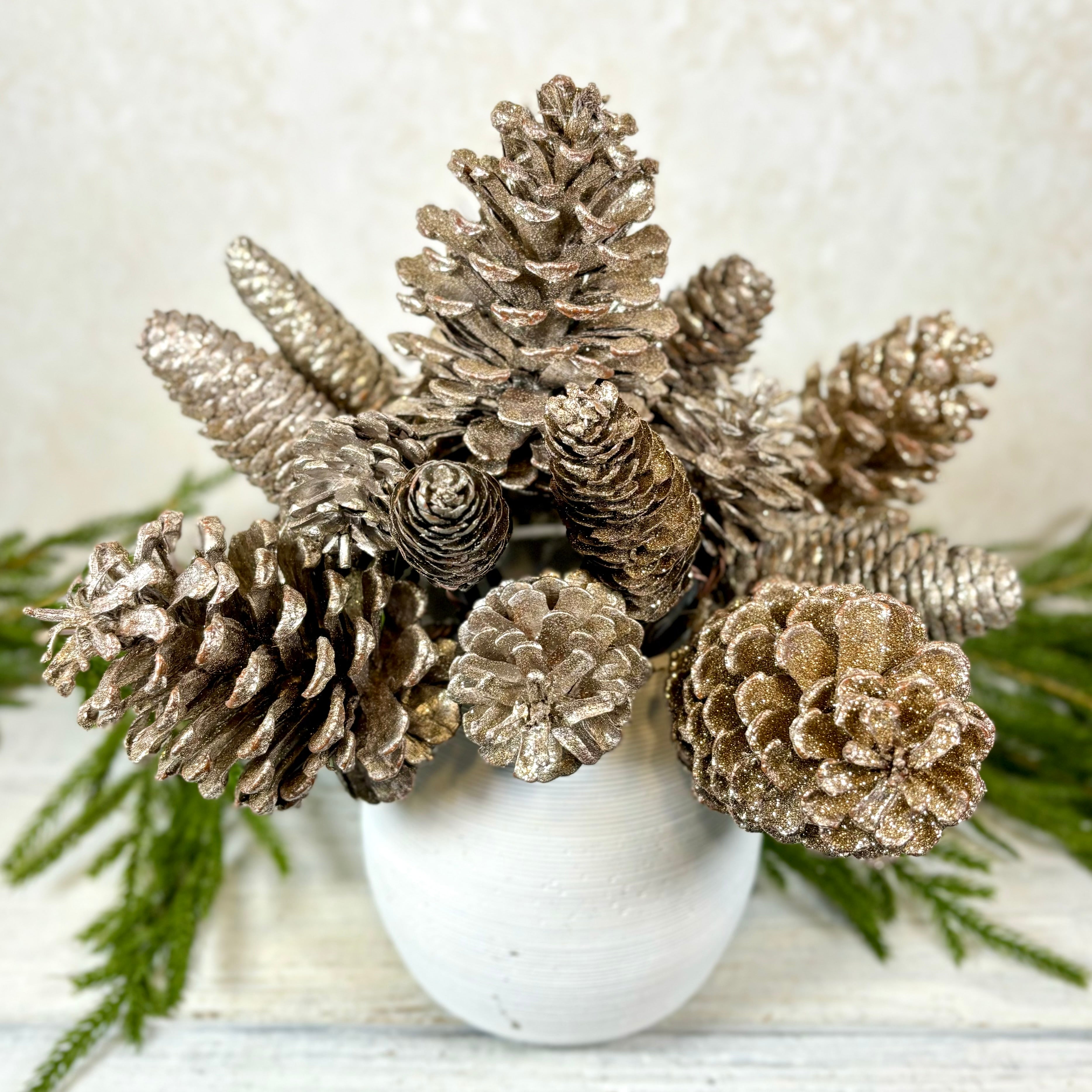 Glitter Natural Mixed Pinecone Pick with Three Cones Gold