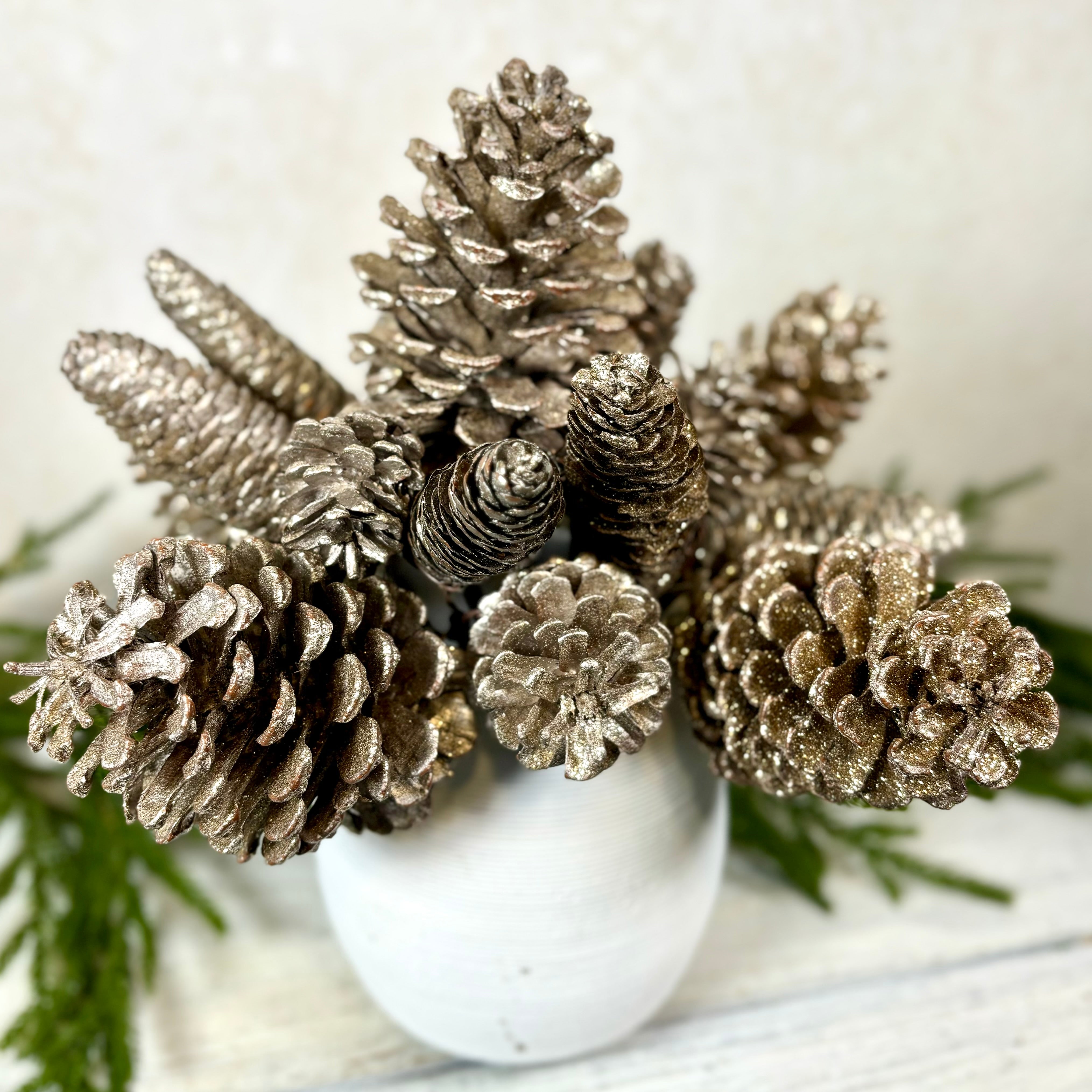 Glitter Natural Mixed Pinecone Pick with Three Cones Gold