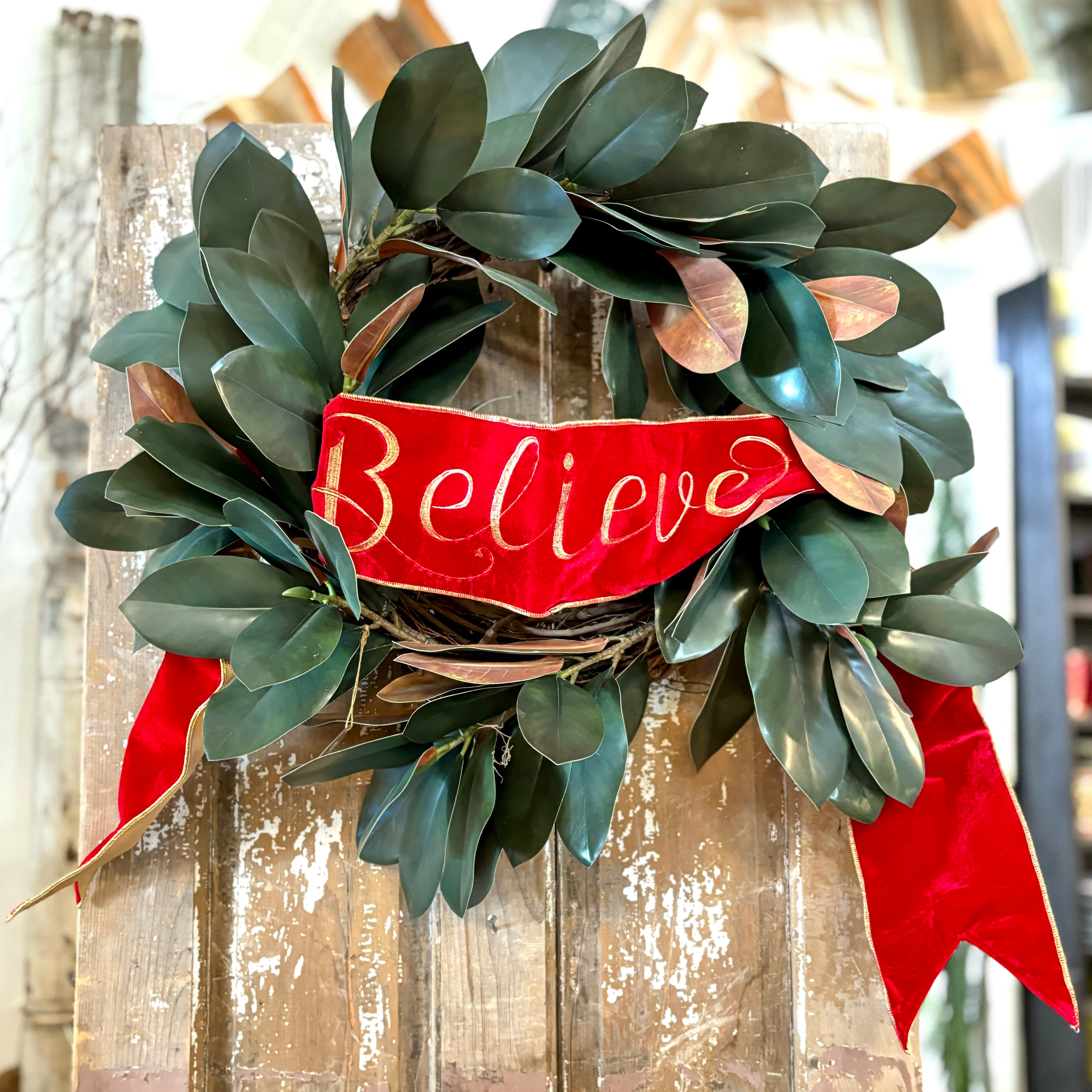 Velvet Embroidery "Believe" Banner Sash Red Gold