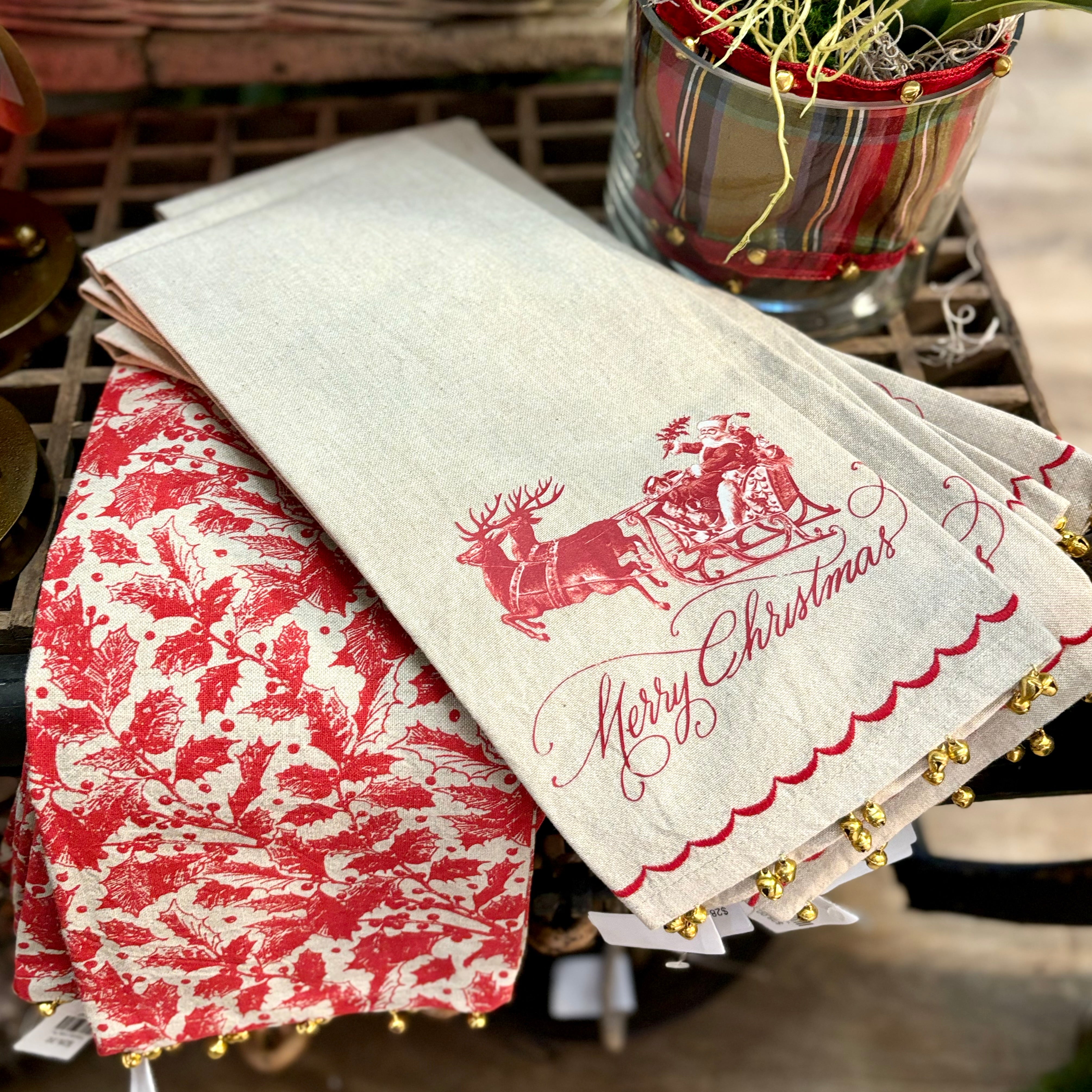 Yuletide Santa on Sleigh Towel with Brass Bells