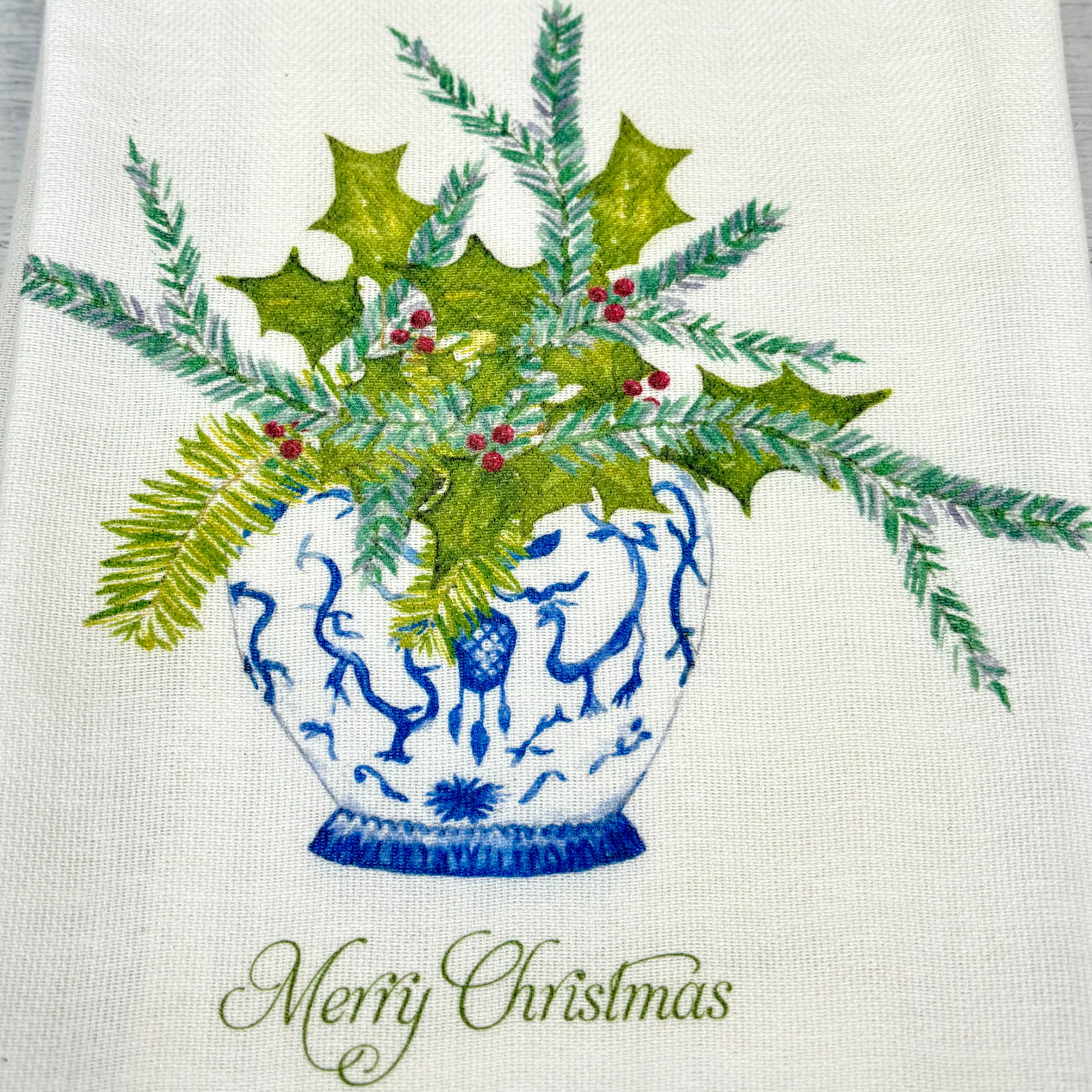 Ginger Jar with Greens and Merry Christmas Tea Towel