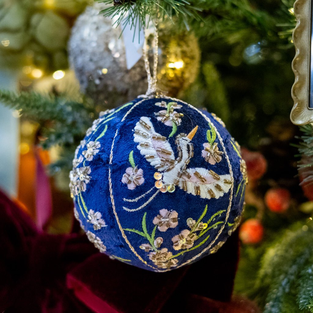 Blue Velvet Beaded Crane Floral Ball Ornament