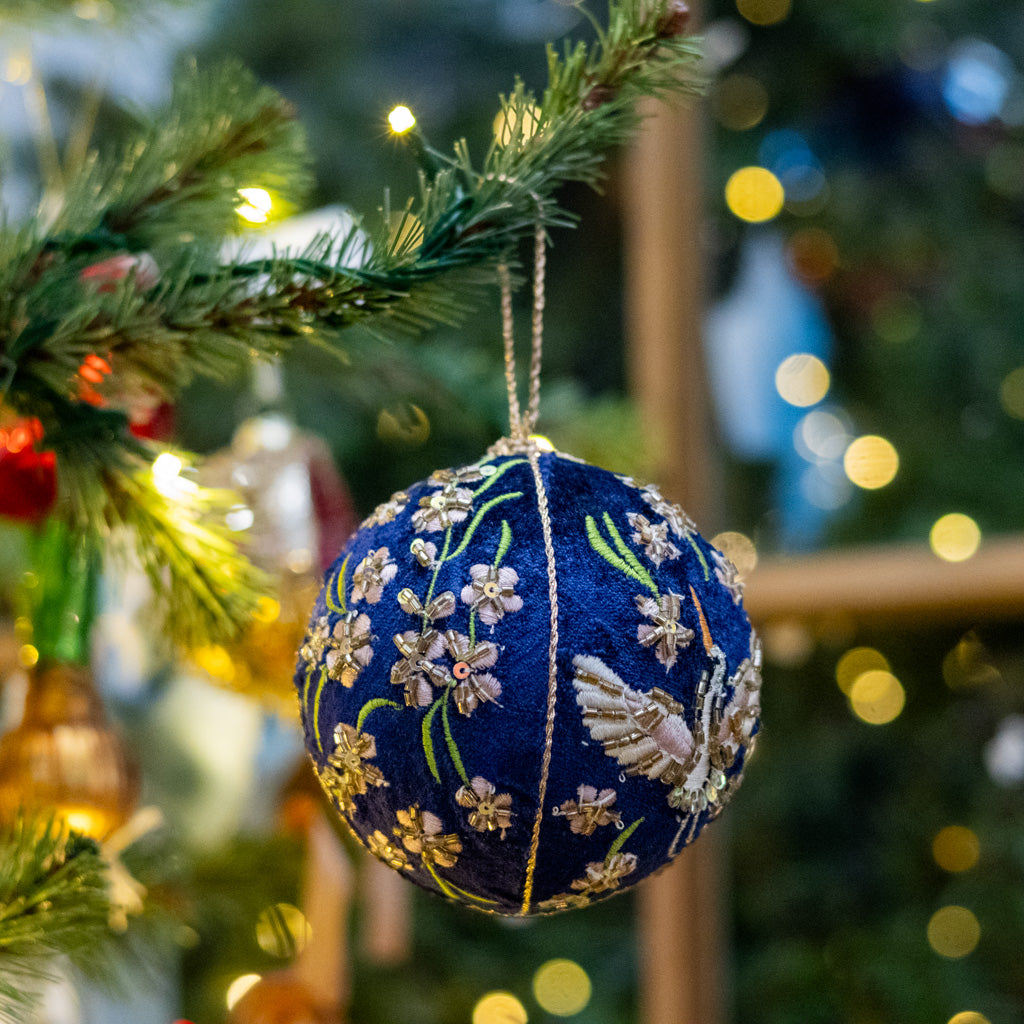 Blue Velvet Beaded Crane Floral Ball Ornament