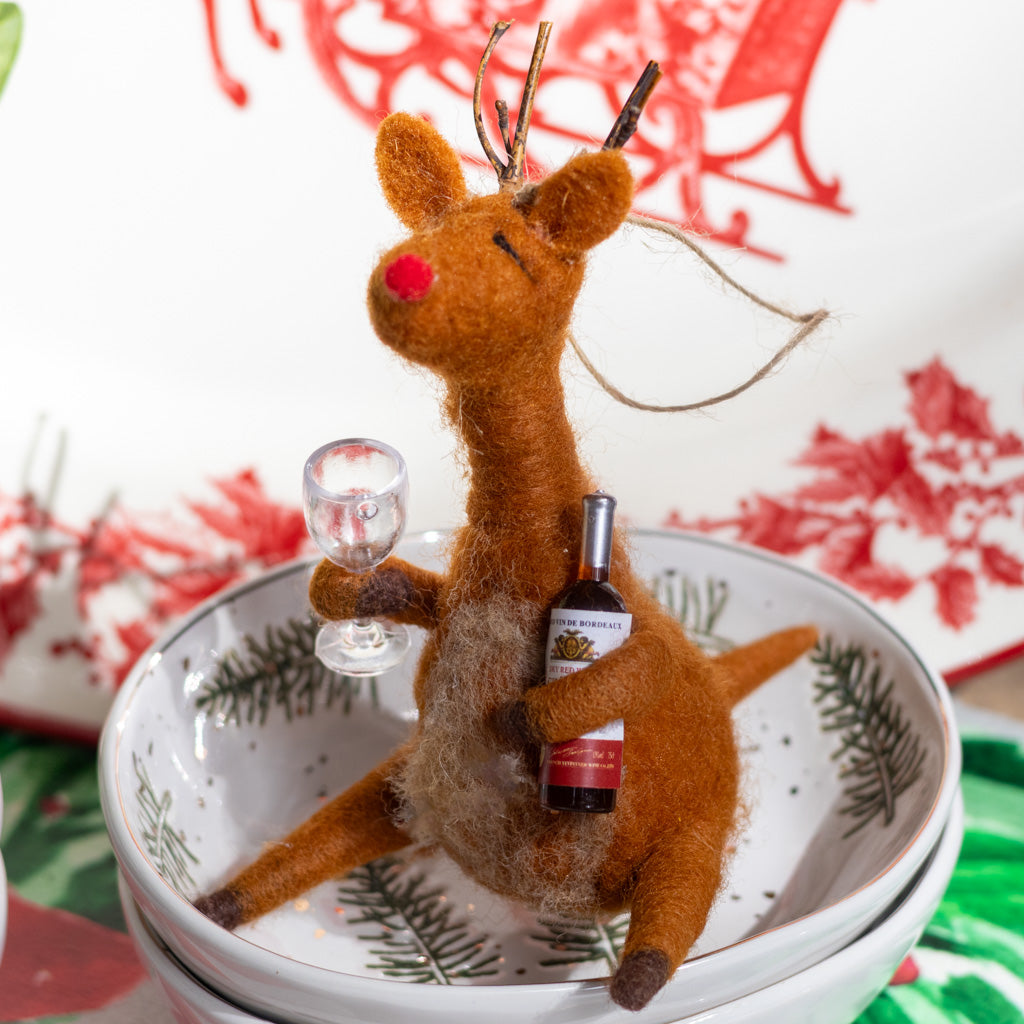 Felt Reindeer with Red Wine and Glass