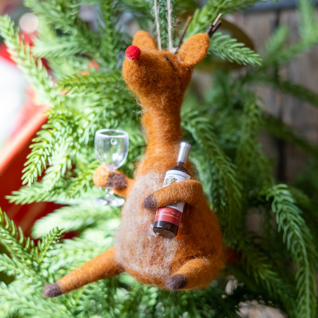 Felt Reindeer with Red Wine and Glass