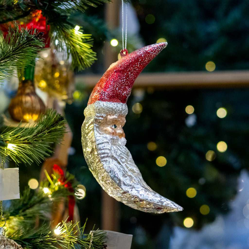 Mercury Glass Santa Moon Ornament with Glitter