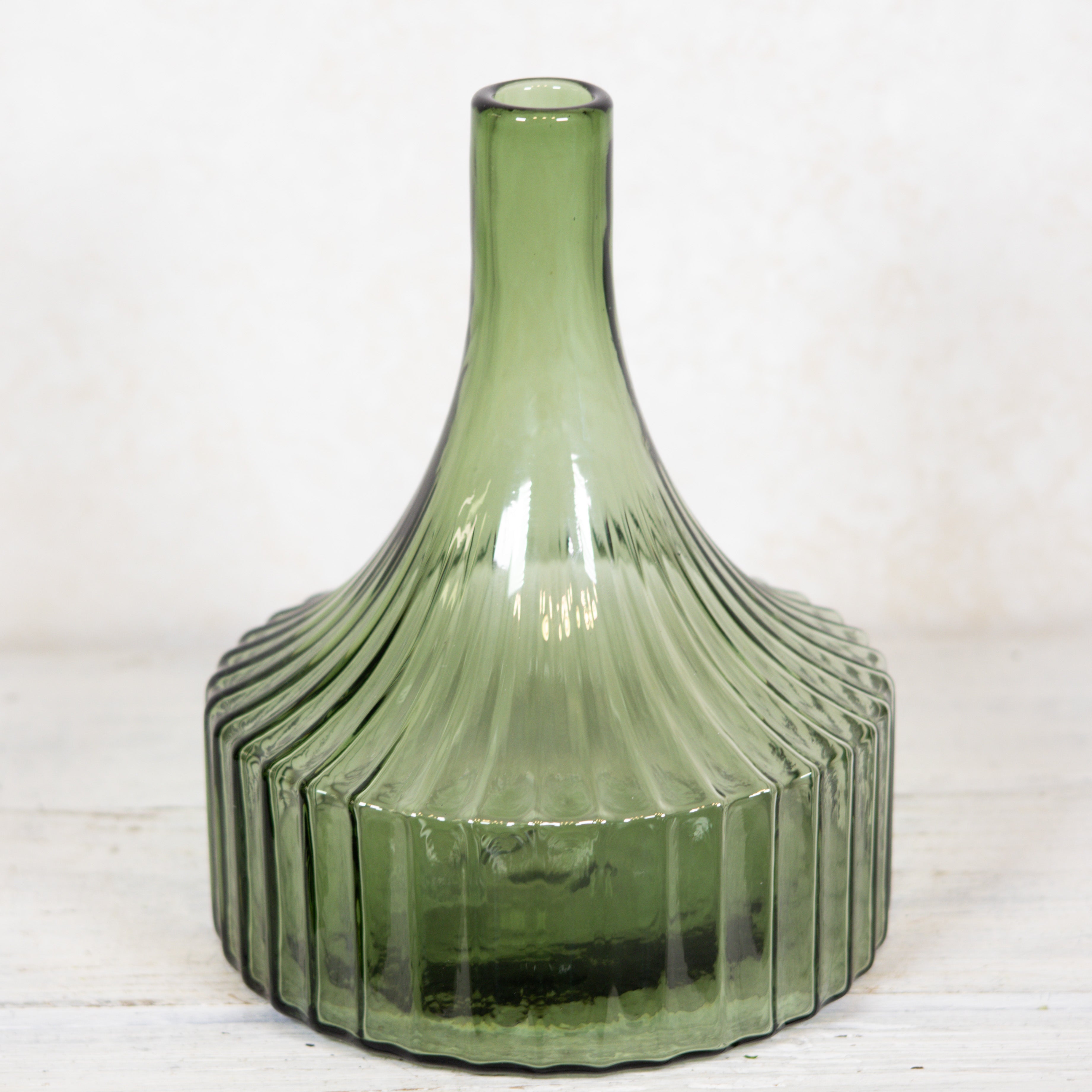Transparent Green Glass Vertical Ribbed Vase