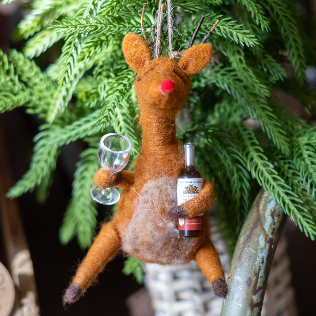 Felt Reindeer with Red Wine and Glass
