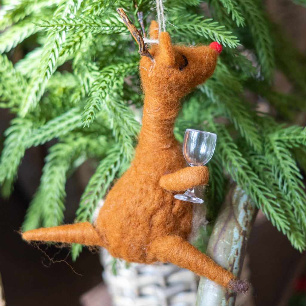 Felt Reindeer with Red Wine and Glass