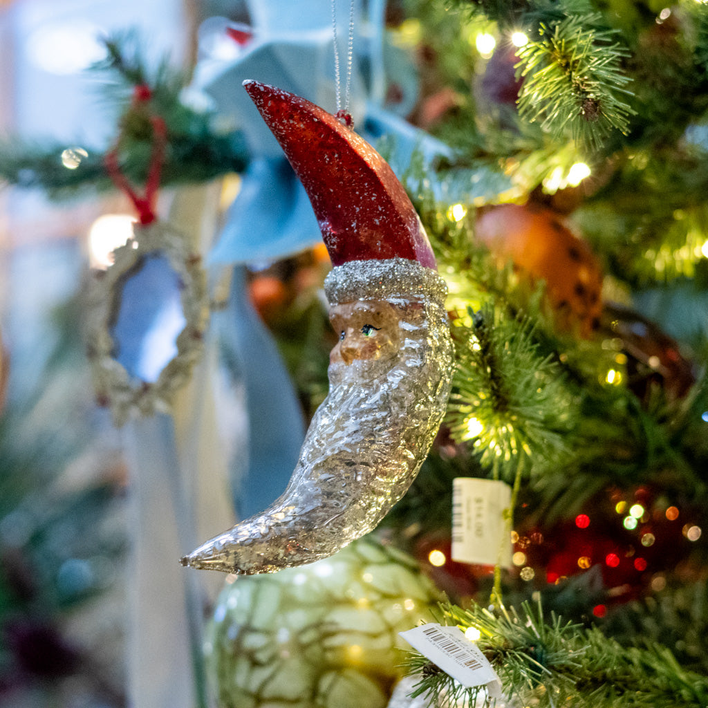 Mercury Glass Santa Moon Ornament with Glitter