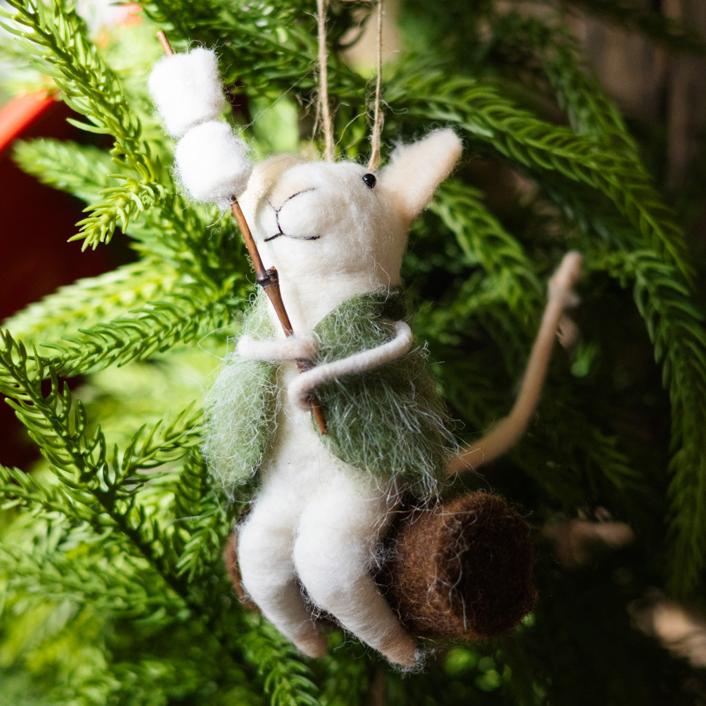 Felt Mouse in Green Vest Roasting Marshmallows Ornament