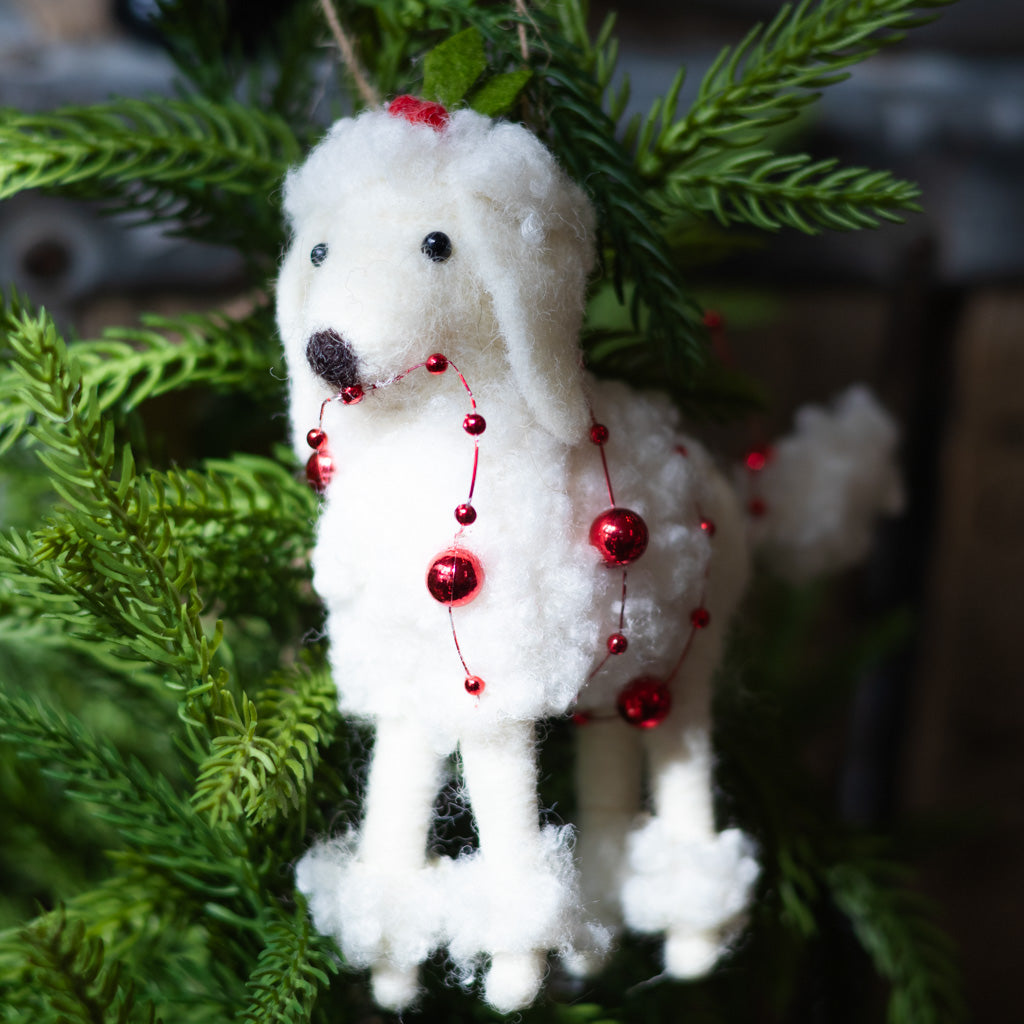 Felt White Poodle Ornament with Holly Hat and Red Bead Garland