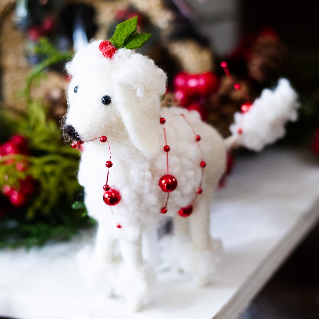 Felt White Poodle Ornament with Holly Hat and Red Bead Garland