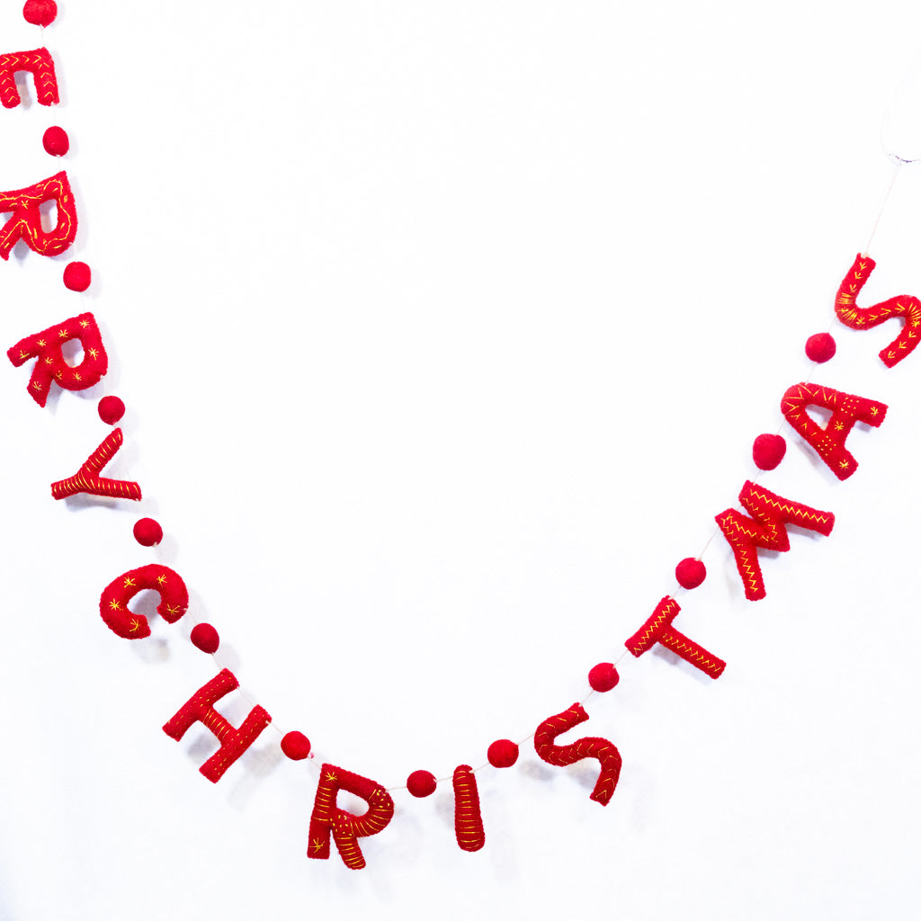 Wool Felt "Merry Christmas" Garland with Pom Poms