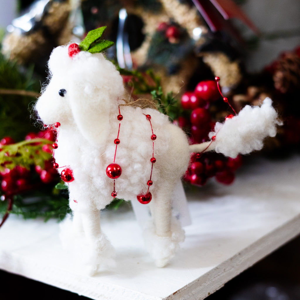 Felt White Poodle Ornament with Holly Hat and Red Bead Garland