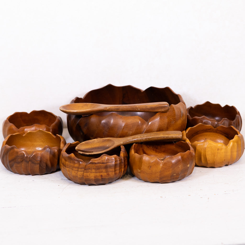 Vintage Teak Wood Nine Piece Salad Bowl Set