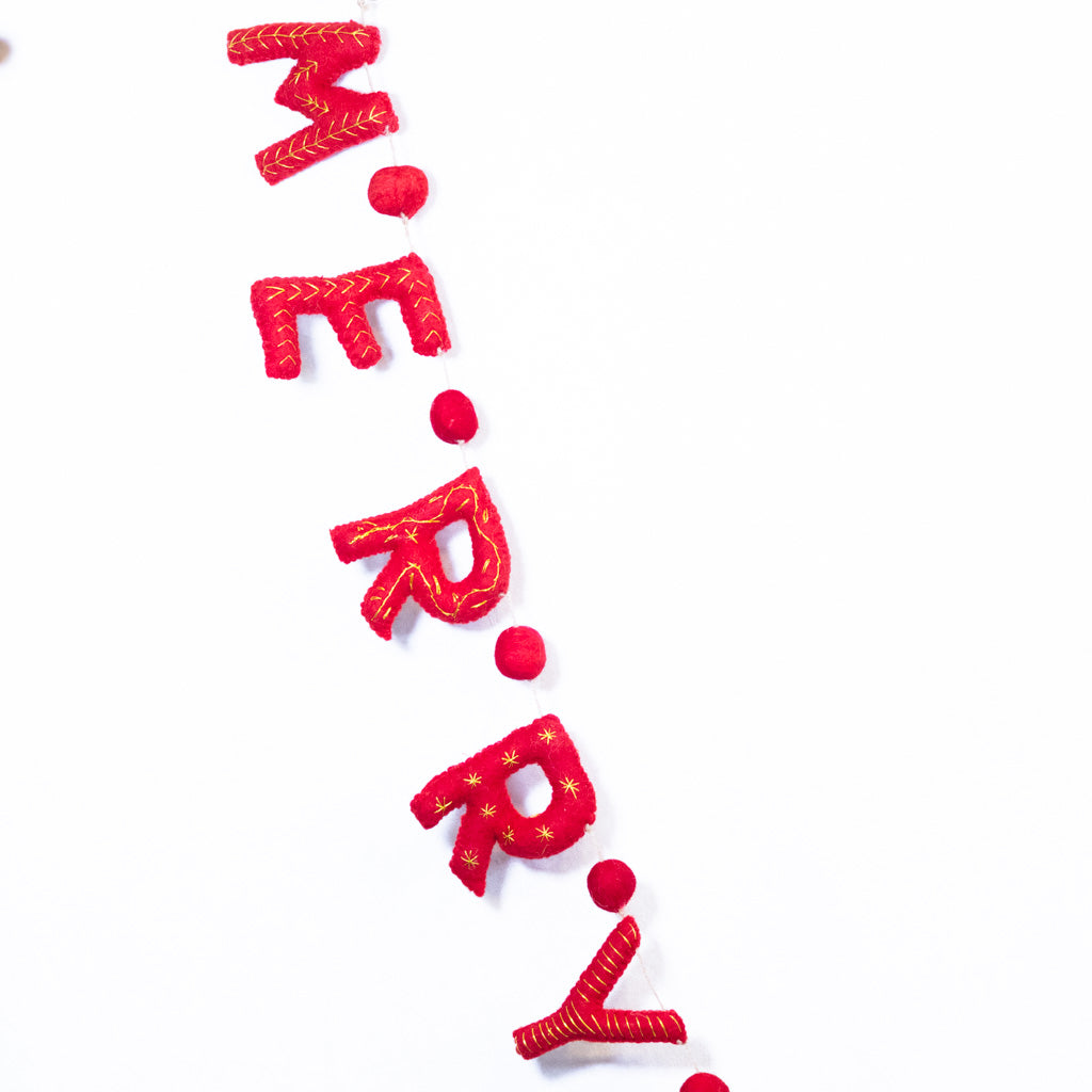 Wool Felt "Merry Christmas" Garland with Pom Poms