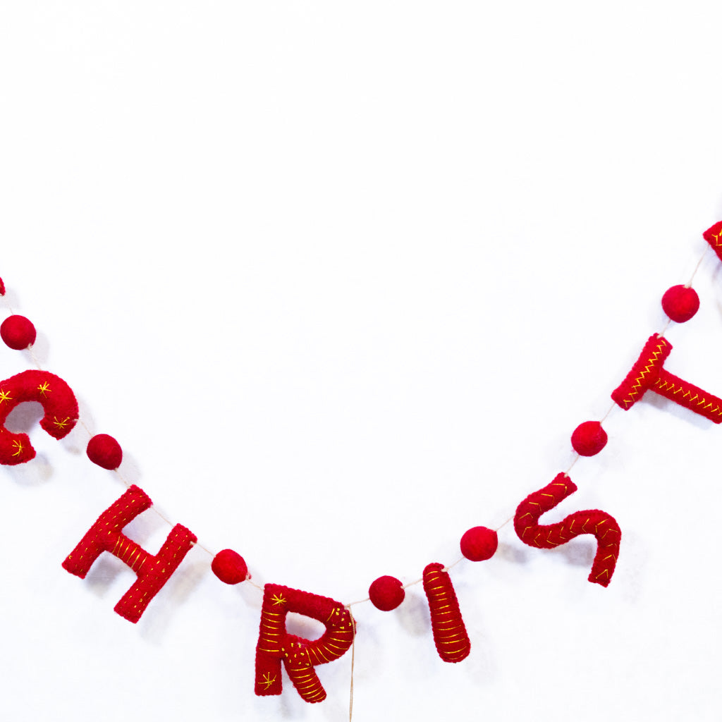 Wool Felt "Merry Christmas" Garland with Pom Poms