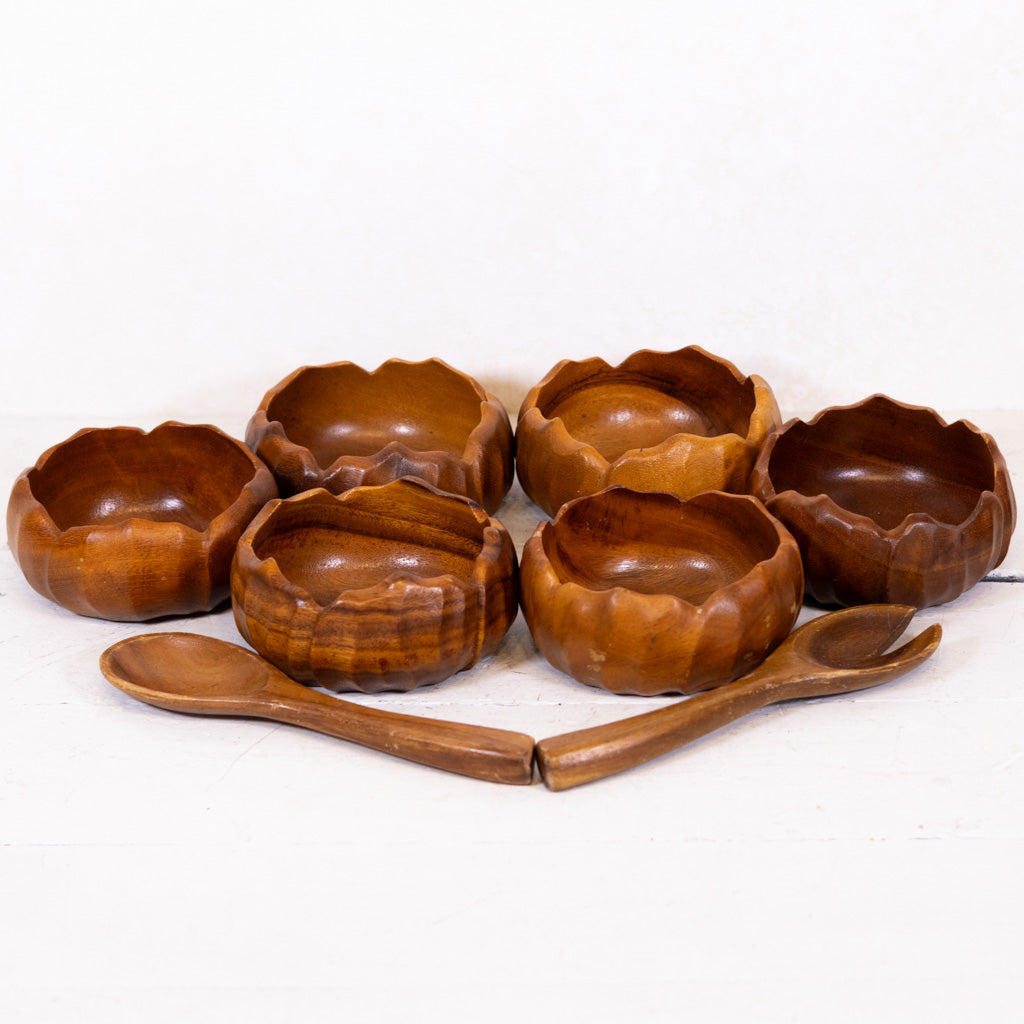Vintage Teak Wood Nine Piece Salad Bowl Set