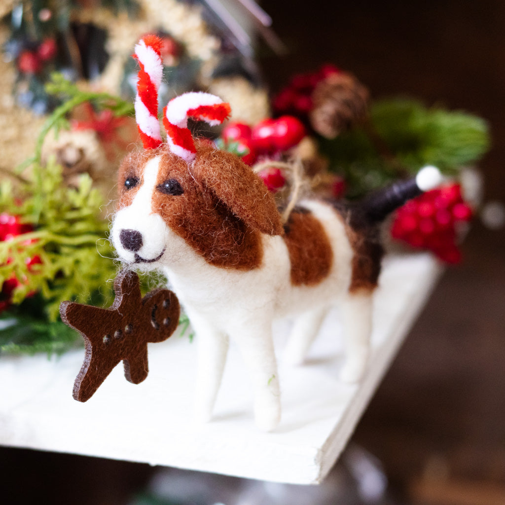 Felt Beagle with Candy Cane Antlers and Cookie Ornament