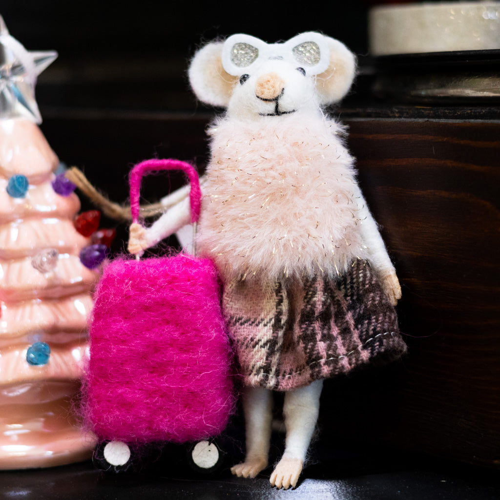 Felt "Travelling" Mouse with Sunglasses and Fur Coat Holding a Suitcase Ornament