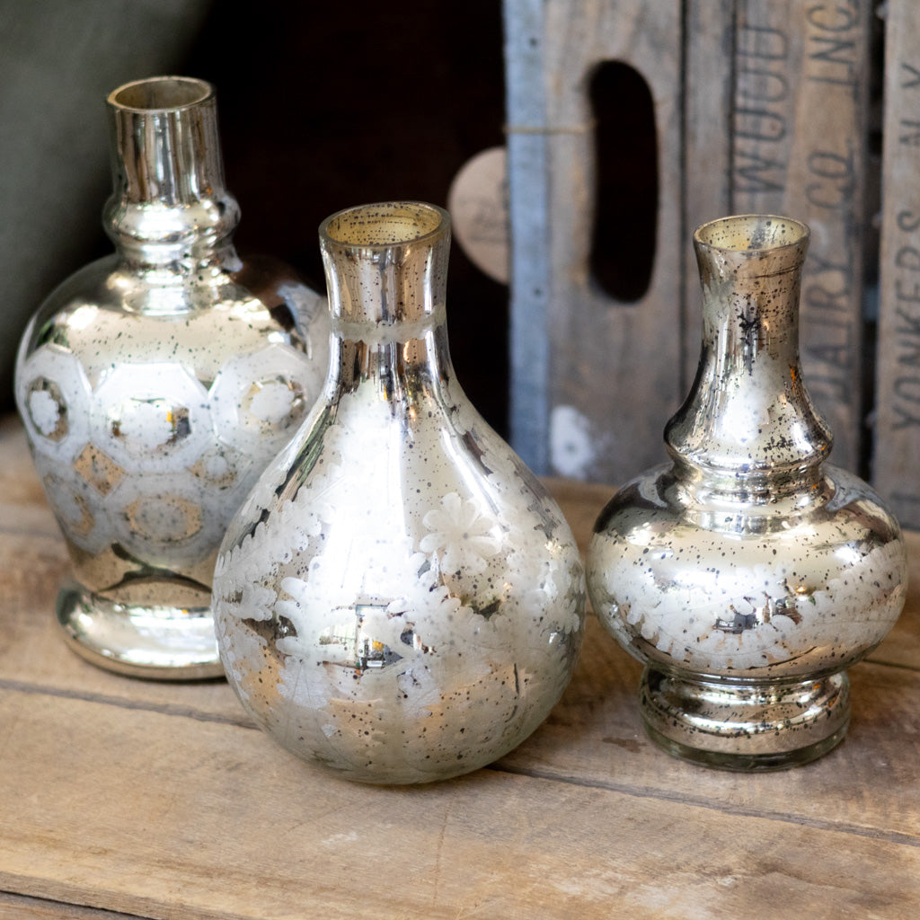 Silver Mercury Glass Etched Bud Vase Medium