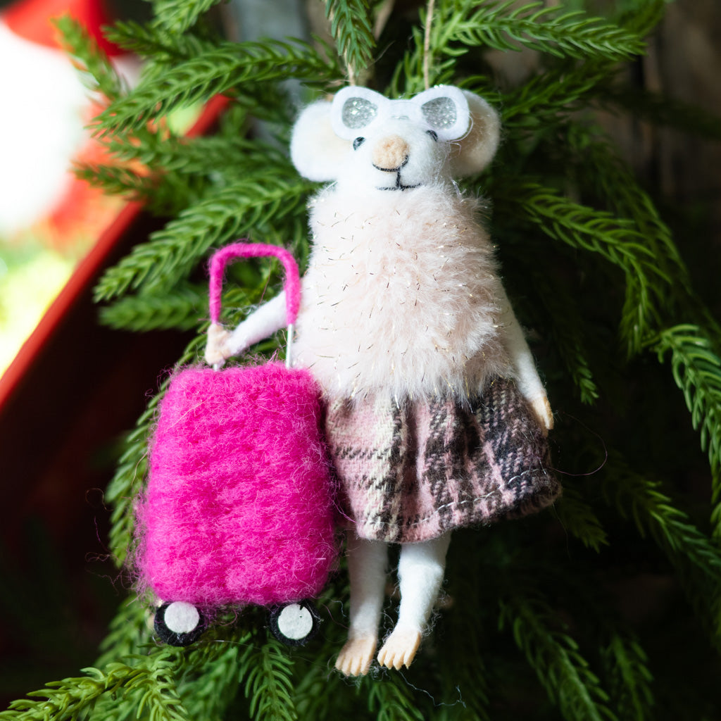 Felt "Travelling" Mouse with Sunglasses and Fur Coat Holding a Suitcase Ornament