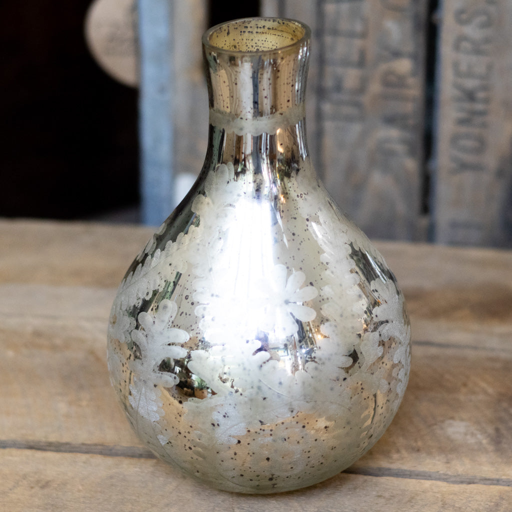 Silver Mercury Glass Etched Bud Vase Medium