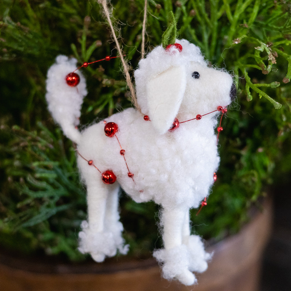 Felt White Poodle Ornament with Holly Hat and Red Bead Garland
