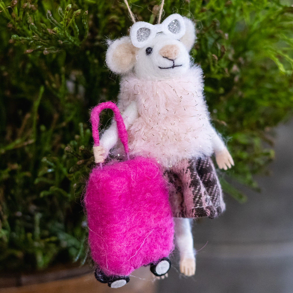 Felt "Travelling" Mouse with Sunglasses and Fur Coat Holding a Suitcase Ornament