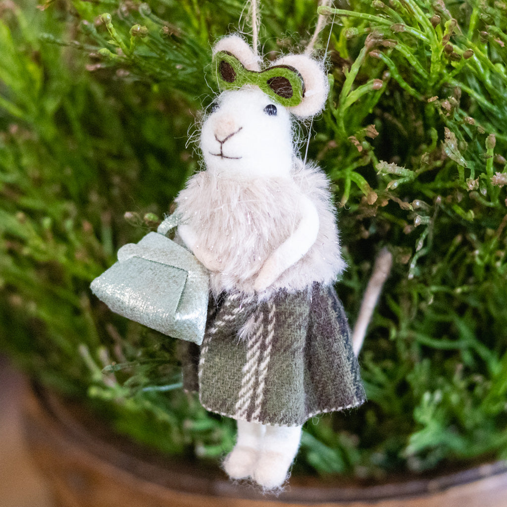 Felt "Movie Star" Mouse with Sunglasses, Fur Coat, Green Skirt and Bag Ornament