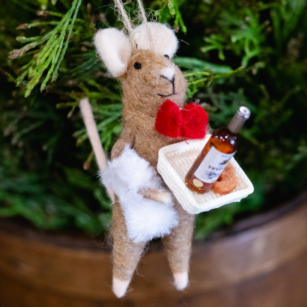 Felt Waiter Mouse with Red Bowtie Holding Wine Tray